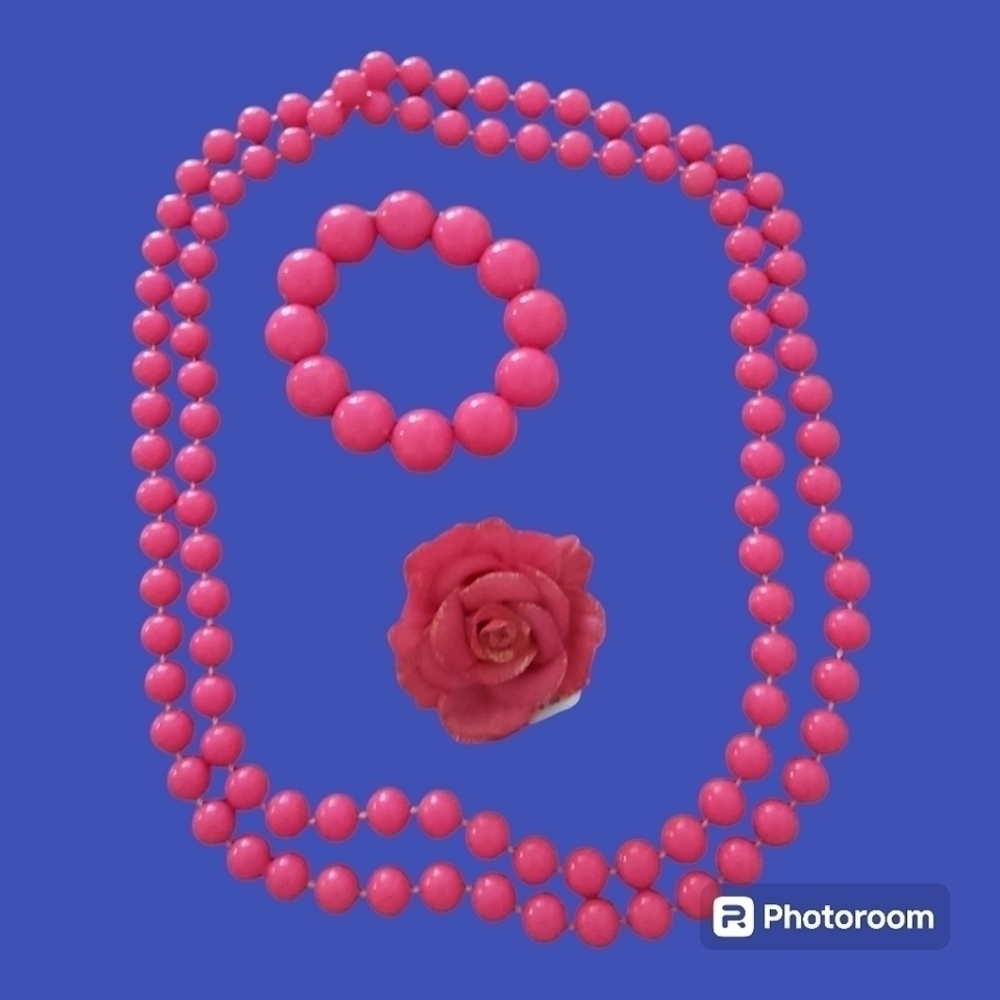 VTG 1980s Candy Pink Acrylic Beaded Necklace Bracelet and Pink Rose Hair Clip